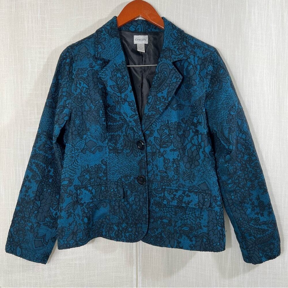 Chicos Blue Black Lace Decorative Buttons Blazer Jacket Size 1